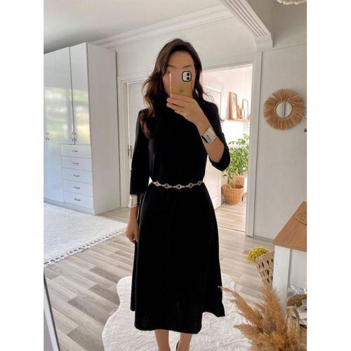 Kadın Uzun Truvakar Kol Bisiklet Yaka Midi Modal Elbise