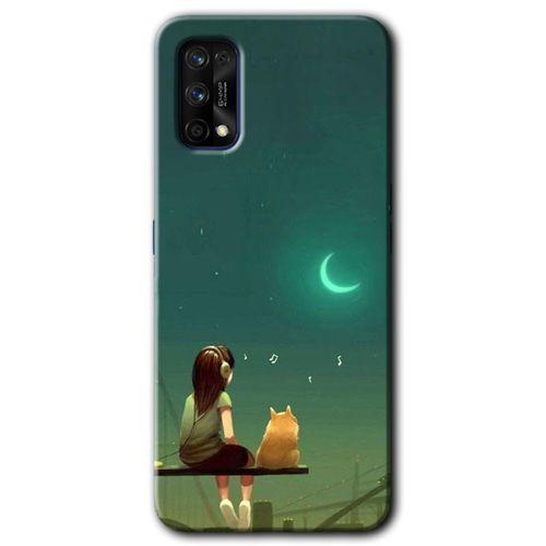 MRCİLETİSİM Realme 7 Pro Kılıf Baskılı Kapak - Kedili Kız + 5D Tam Kaplayan Cam