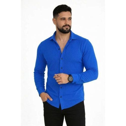 Erkek Waffle Kumaş Uzun Kollu Düğmeli Açık Yaka Regular Fit Gömlek - Saks Mavisi