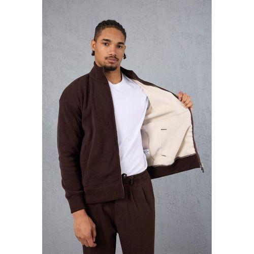 Ron Selanik Örme İçi Peluş Çift Fermuarlı Dik Yaka Erkek Hırka Sweatshirt  - Kahve