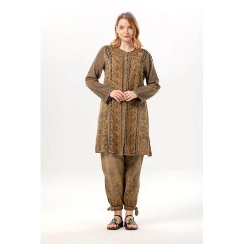 Uzun Katlanabilir Kol İnka Düğmeli Yazlık Otantik Nakışlı Poplin Tunik Toprak Tprk