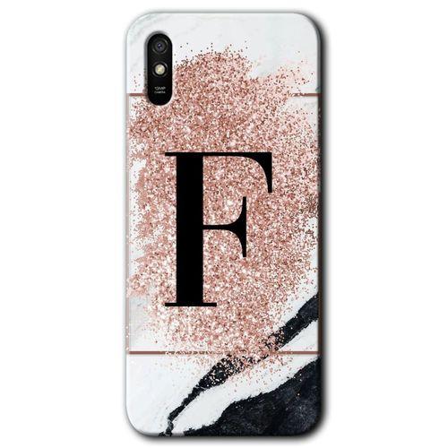 MRCİLETİSİM Xiaomi Redmi 9A Kılıf HD Desen Baskılı Arka Kapak+Temperli Cam - Pembe Mermer Desenli F Harfi