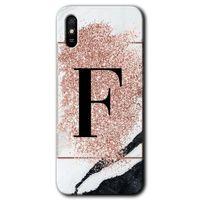 MRCİLETİSİM Xiaomi Redmi 9A Kılıf HD Desen Baskılı Arka Kapak+Temperli Cam - Pembe Mermer Desenli F Harfi