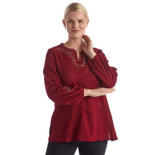 Şile Bezi Uzun Kol Bordo Nakış Detaylı V Yaka Yazlık Otantik Bluz