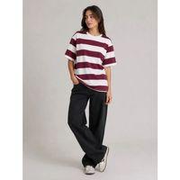 Çizgili Oversize Tişört Bisiklet Yaka Kısa Kol Yazlık T-Shirt - Bordo