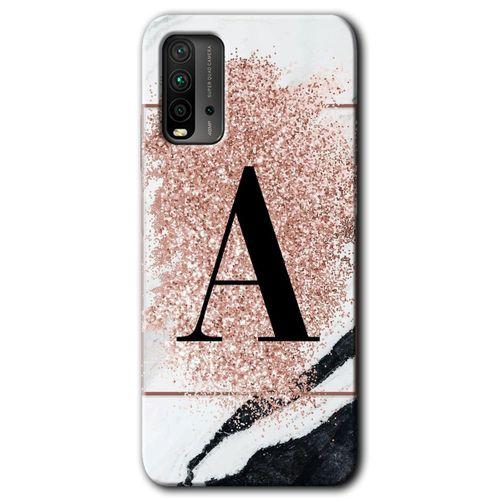 Poco M3 Kılıf Baskılı Kapak - Pembe Mermer Desenli A Harfi + 5D Tam Kaplayan Cam