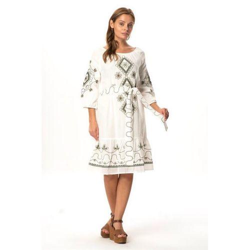 Yarım Kol Vual Yeşim Kemer Detaylı Nakışlı Kısa Yazlık Elbise Beyaz Byz