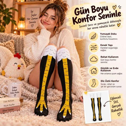 Kadın Diz Üstü Tavuk Ayağı Desenli Çorap Siyah Sarı Uzun Eğlenceli Kostüm Parti Günlük Çorabı Modeli