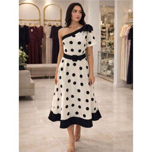 Kadın Omuz Dekolteli Fiyonk Ve Puantiye Detay Maxi Boy Elbise