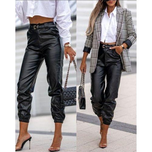 Kadın Pantolon Paçası Lastikli Deri Pantolon (kemersiz)