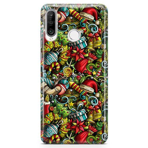 Huawei P30 Lite 2020 Kılıf Yılbaşı Süsleri Doodle Arka Kapak Koruma Desenli Full Koruyucu