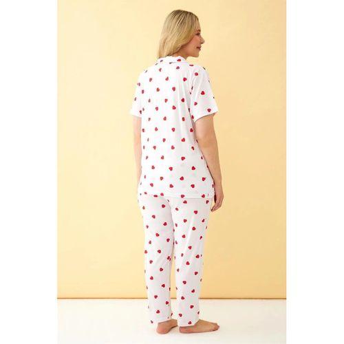 Kadın Beyaz Kırmızı Kalp Desenli Önden Düğmeli Büyük Beden Pijama Takımı