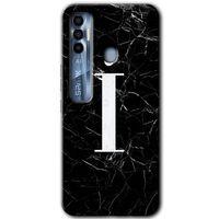 MRCİLETİSİM Tecno Spark 7 Pro Kılıf HD Desen Baskılı Arka Kapak+Temperli Cam - Siyah Mermer Desenli İ Harfi