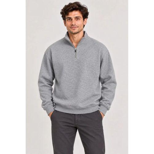 Erkek Üç İplik İçi Şardonlu Dik Yaka Yarım Fermuarlı Kışlık Sweatshirt - Grİ