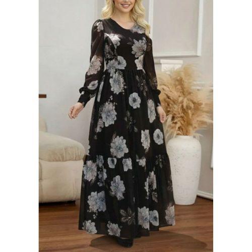 Kadın Uzun Kollu V Yakalı çiçek Desenli Maxi Süprem Elbise