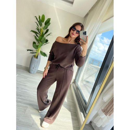 Kadın Uzun Kollu Tek Omuzdan Açık Modal Bluz Ve Pantolon Ikili Takım