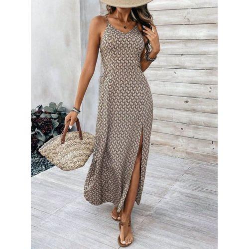 Kadın Ip Askılı V Yakalı Yırtmaçlı Uzun Süprem Elbise