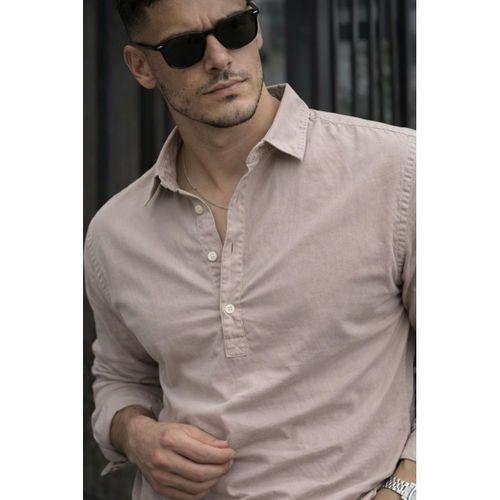 Yarım Pat Yakalı York Pamuk Kumaşlı Uzun Kollu Erkek Gömlek - Bej