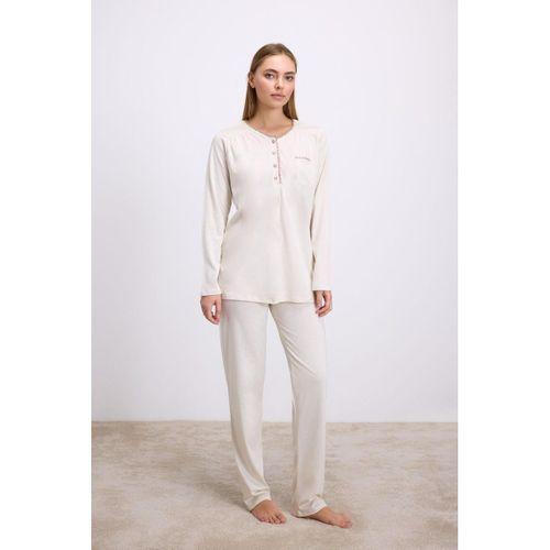 Fil Dişi Modal Pamuklu Uzun Kollu Düğmeli 2'li Pijama Takımı