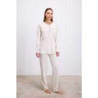 Fil Dişi Modal Pamuklu Uzun Kollu Düğmeli 2'li Pijama Takımı