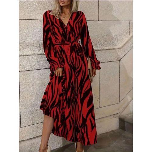 Kadın Uzun Kollu Kruvaze Yakalı Kuşaklı Zebra Desenli Süprem Maxi Elbise