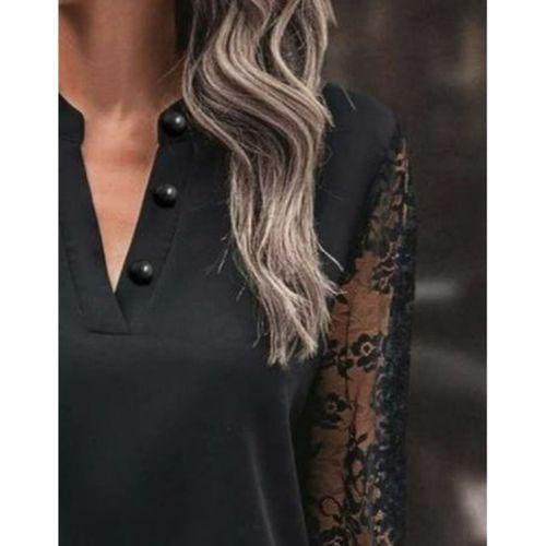 Kadın Uzun Kollu Yaka Düğme Detay Güpürlü Kol Krep Bluz