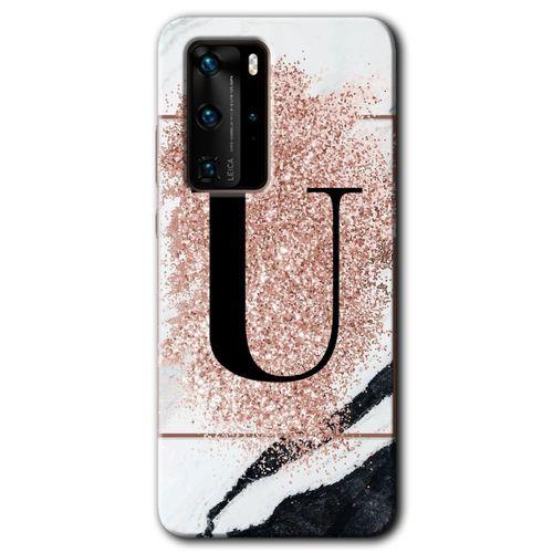 MRCİLETİSİM Huawei P40 Pro Kılıf HD Desen Baskılı Arka Kapak + Temperli Cam - Pembe Mermer Desenli U Harfi
