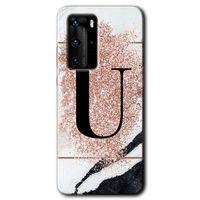 MRCİLETİSİM Huawei P40 Pro Kılıf HD Desen Baskılı Arka Kapak + Temperli Cam - Pembe Mermer Desenli U Harfi