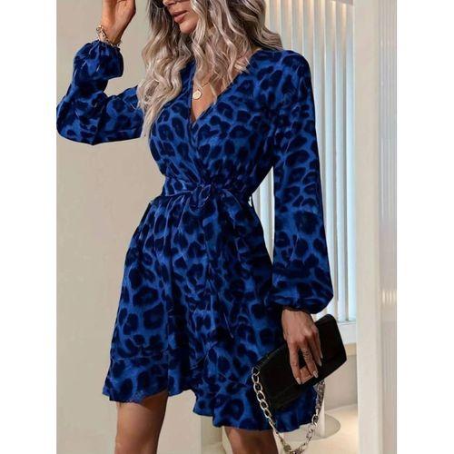 Kadın Uzun Kollu Kruvaze Yaka Belden Kuşaklı çapraz Kesim Detaylı Leopar Modal Mini Elbise