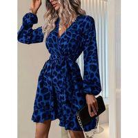Kadın Uzun Kollu Kruvaze Yaka Belden Kuşaklı çapraz Kesim Detaylı Leopar Modal Mini Elbise