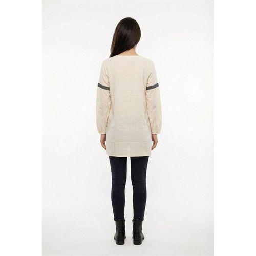 Uzun Kol Dicle Bağcıklı V Yaka Yazlık Şile Bezi Tunik Krem Krm