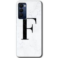 Potkal Hediye Fabrikası Tecno Camon 18P Kılıf HD Desen Baskılı Arka Kapak - Beyaz Mermer Desenli F Harfi