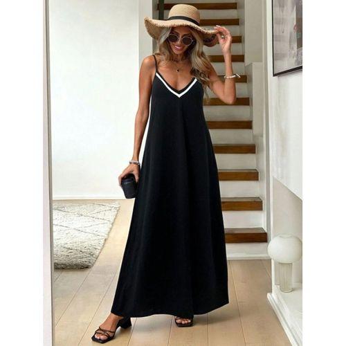 Kadın Ip Askılı V şerit Yakalı Uzun Viskon Elbise