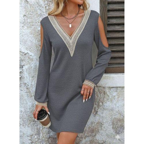 Kadın Uzun Kollu Omuzdan Açık V Dantel Yakalı Mini Waffle Elbise