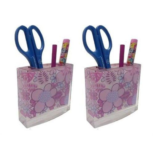 2 Adet Kalemlik Pembe Çiçekli Akrilik Ofis Gereci  10X10X3Cm