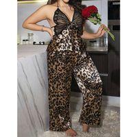 Özel Tasarım Büyük Beden Leopar Desenli İnce Askılı 2'li Saten Pijama Takımı