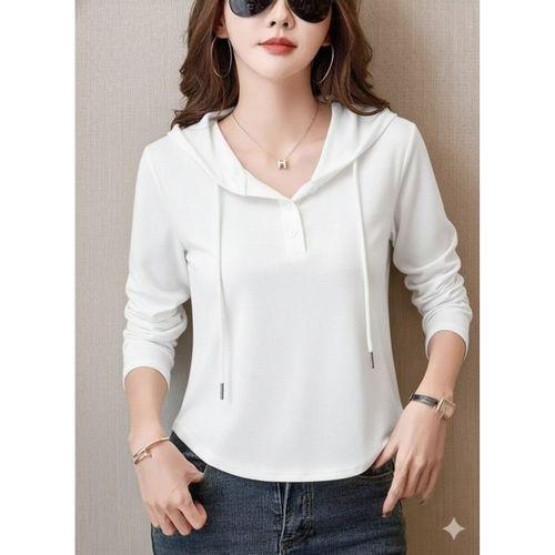 Kadın Uzun Kollu Kapşonlu Bağcıklı Düğmeli Viskon Iki Iplik Bluz