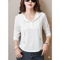 Kadın Uzun Kollu Kapşonlu Bağcıklı Düğmeli Viskon Iki Iplik Bluz