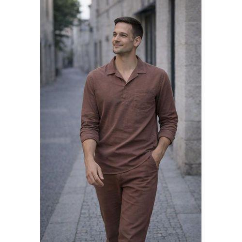 Sartre Apaş Yaka Tek Cepli İnce Modal Kumaş Uzun Kollu Yazlık Gömlek - Kahve