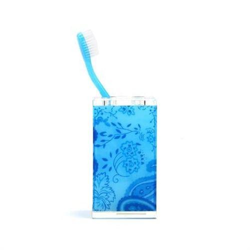 2 Adet Diş Fırçalık Mavi Çiçekli Akrilik 6X6X12Cm Banyo Seti