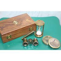 Ahşap Kutulu Pirinç Pusula,Kumsaati,Dürbün Seti
