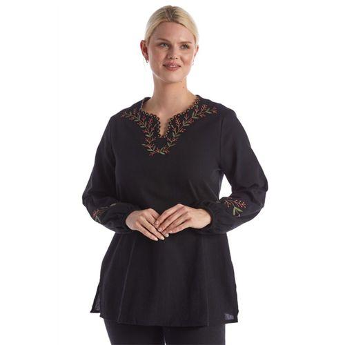 Şile Bezi Uzun Kol Siyah Nakış Detaylı V Yaka Yazlık Otantik Bluz