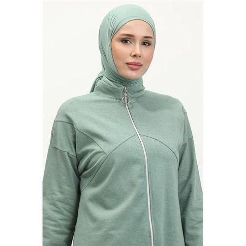 Göğüsten Detaylı Fermuarlı Sade Basic Eşofman Spor İkili Takım - 03063.100 - Çağla Yeşili
