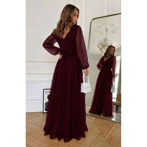 Kadın Uzun Kollu Kruvaze Yakalı Belden Kuşaklı Tüllü Uzun Ithal Krep Elbise