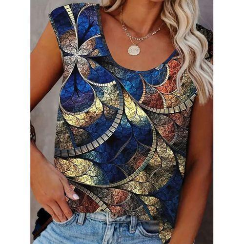 Kadın Sıfır Kol Yuvarlak Yaka Karışık Renkli Baskılı Süprem Bluz