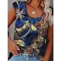 Kadın Sıfır Kol Yuvarlak Yaka Karışık Renkli Baskılı Süprem Bluz