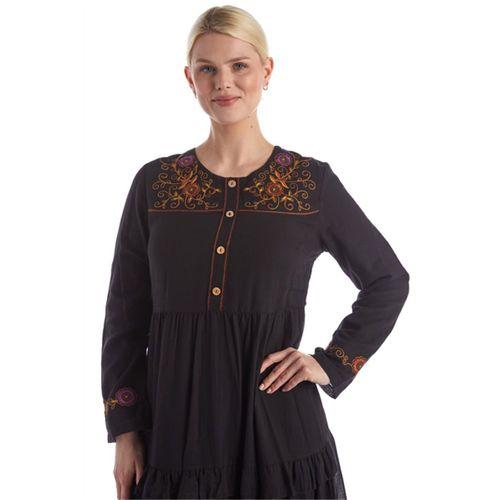 Uzun Kol Bisiklet Yaka Nakışlı Vual Siyah İlkbahar & Yazlık Elbise