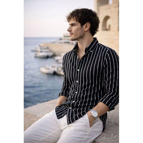 Scorsese Çizgili Relaxed Fit Erkek Gömlek - Siyah