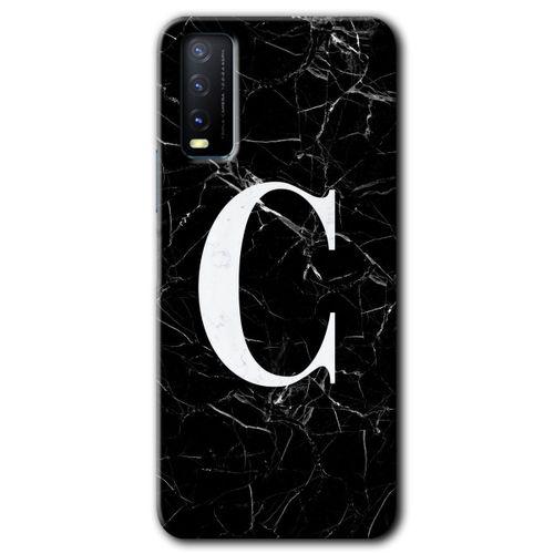 Vivo Y11s Kılıf HD Desen Baskılı Arka Kapak - Siyah Mermer Desenli C Harfi + Kırılmaz Cam