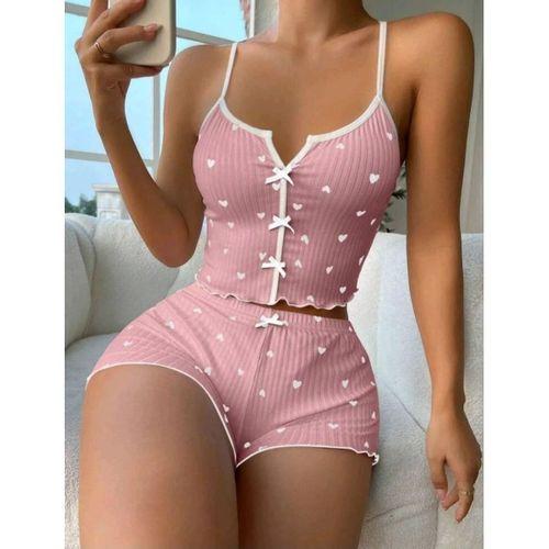 Kadın Pembe Kalp Desenli Askılı Şortlu Pijama Takımı Rahat Şık 2’li Set